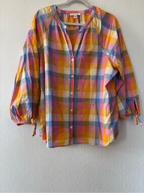 Free Assembly Womens XXXL 3X Plaid Cotton Blouse Tie Sleeve Button Front